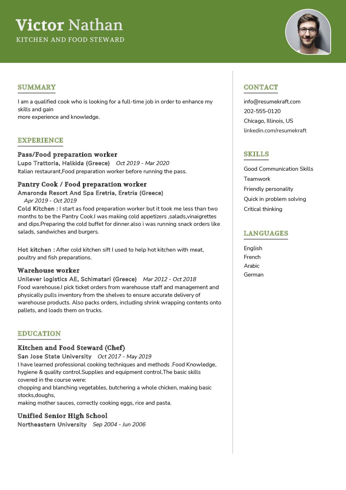 Cook Resume Example Writing Guide 59 OFF   Food Steward CV Sample 