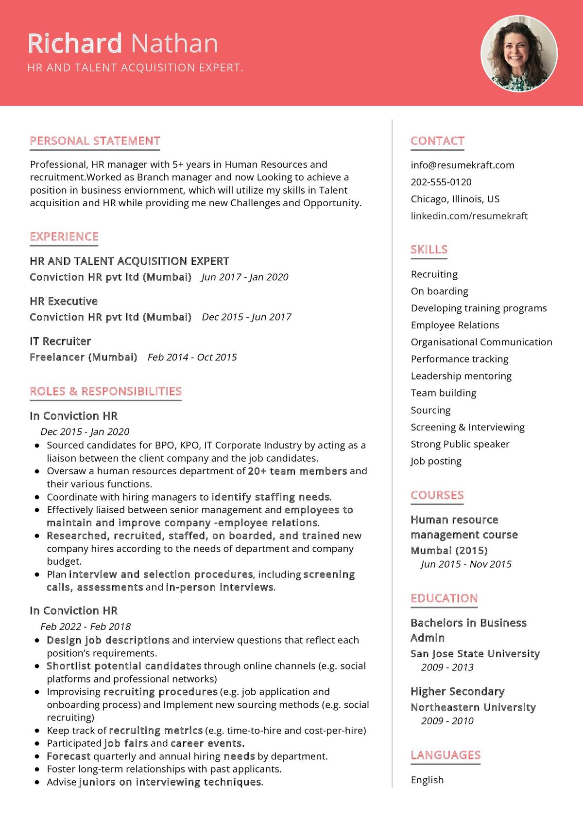 cv personal statement hr manager
