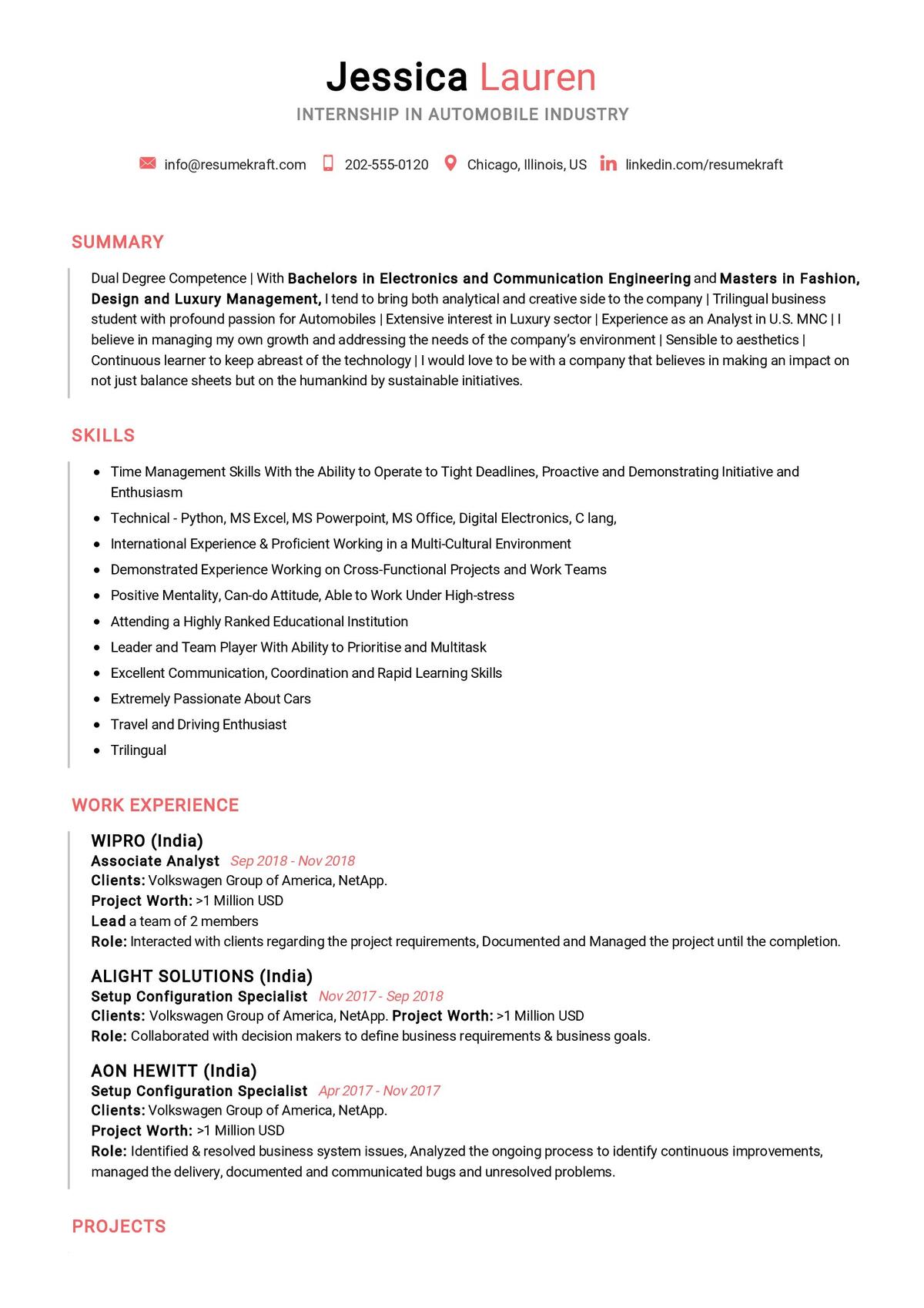 resume examples for an internship