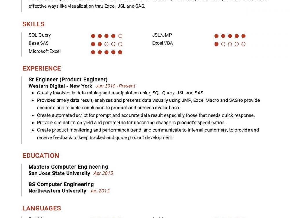 Product Engineer CV Sample
