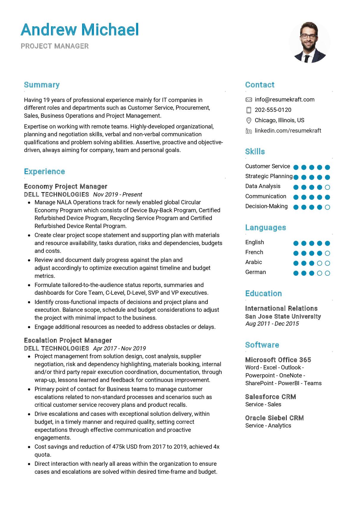 resume for project manager layout