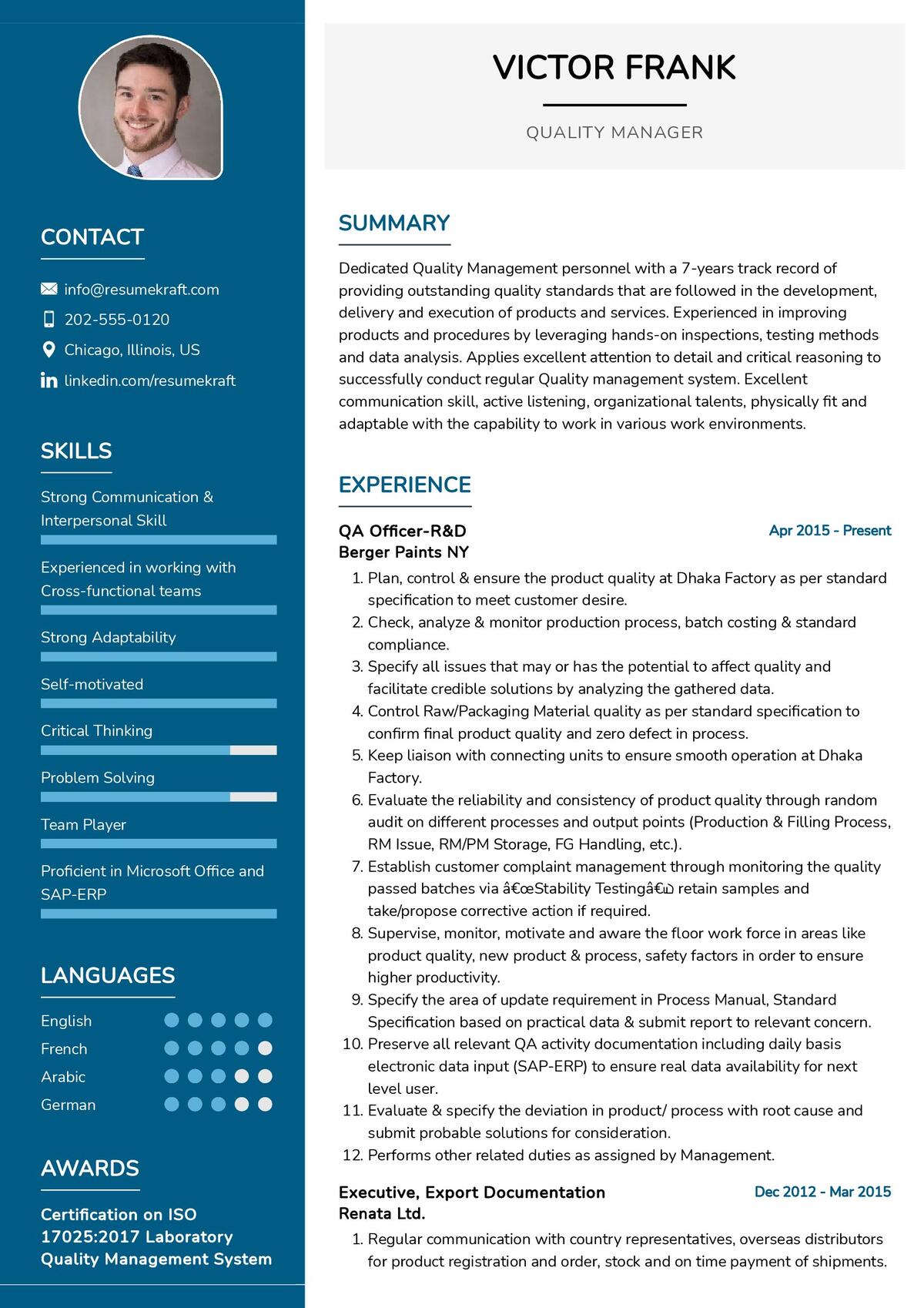 resume format for quality manager