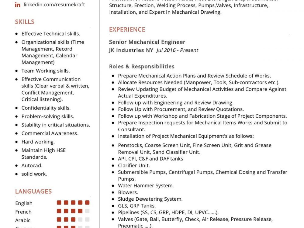 Senior Mechanical Engineer CV Sample