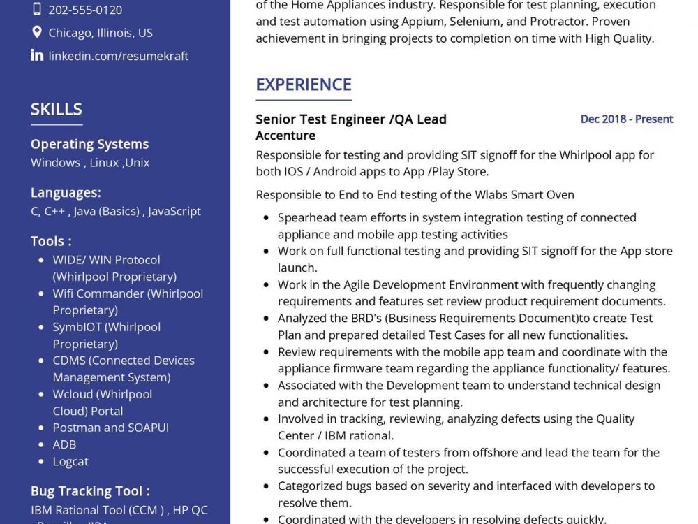Senior Test Engineer CV Sample