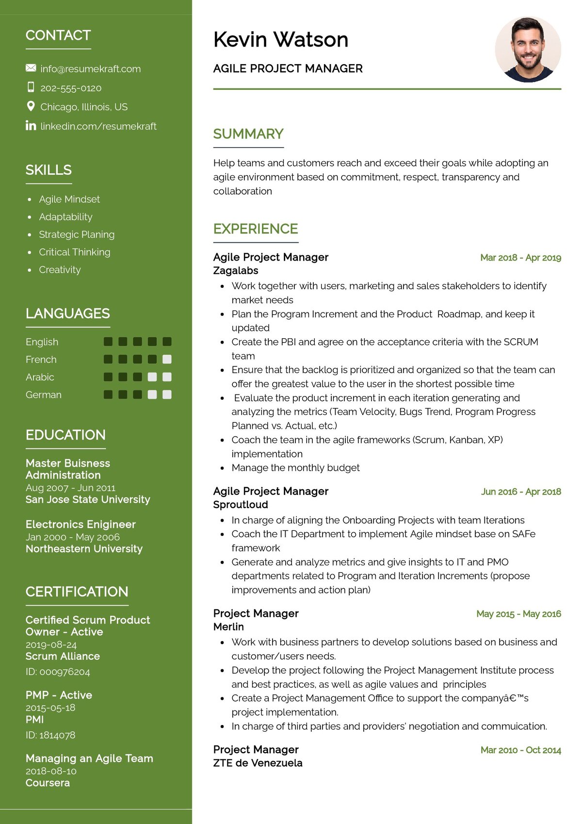 scrum master project manager resume