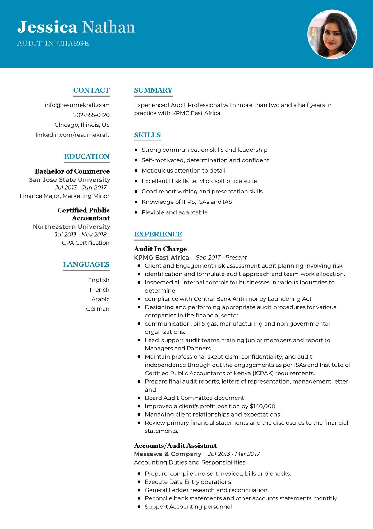 Audit-In-charge CV Sample
