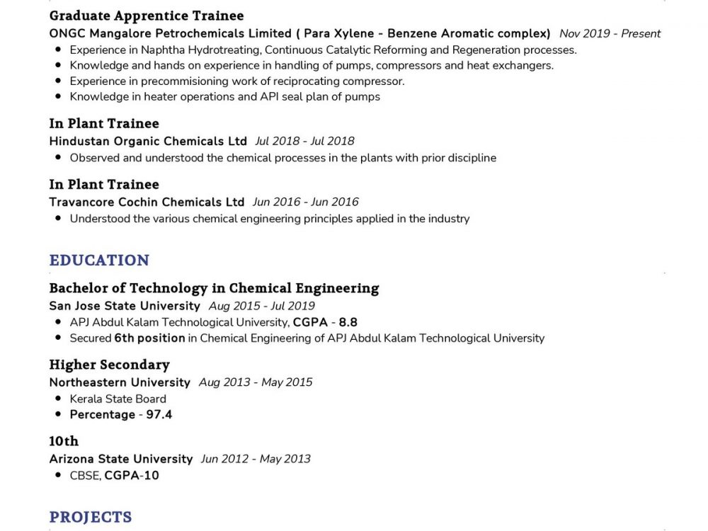 Chemical Engineering Graduate CV Sample