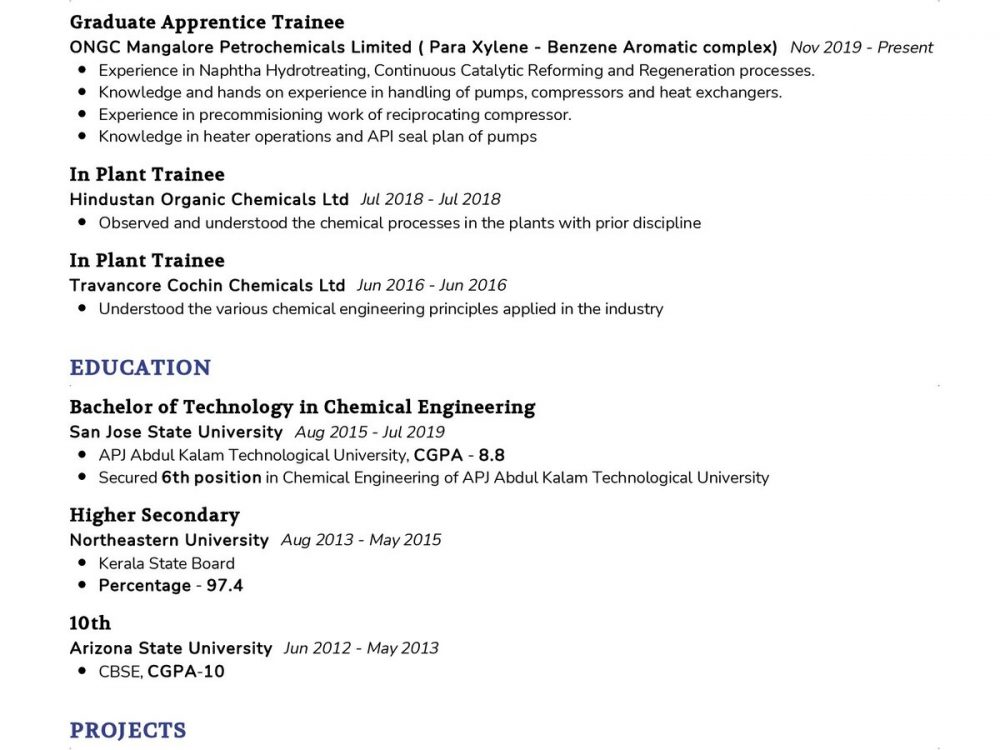 Chemical Engineering Graduate CV Sample In 2024 ResumeKraft