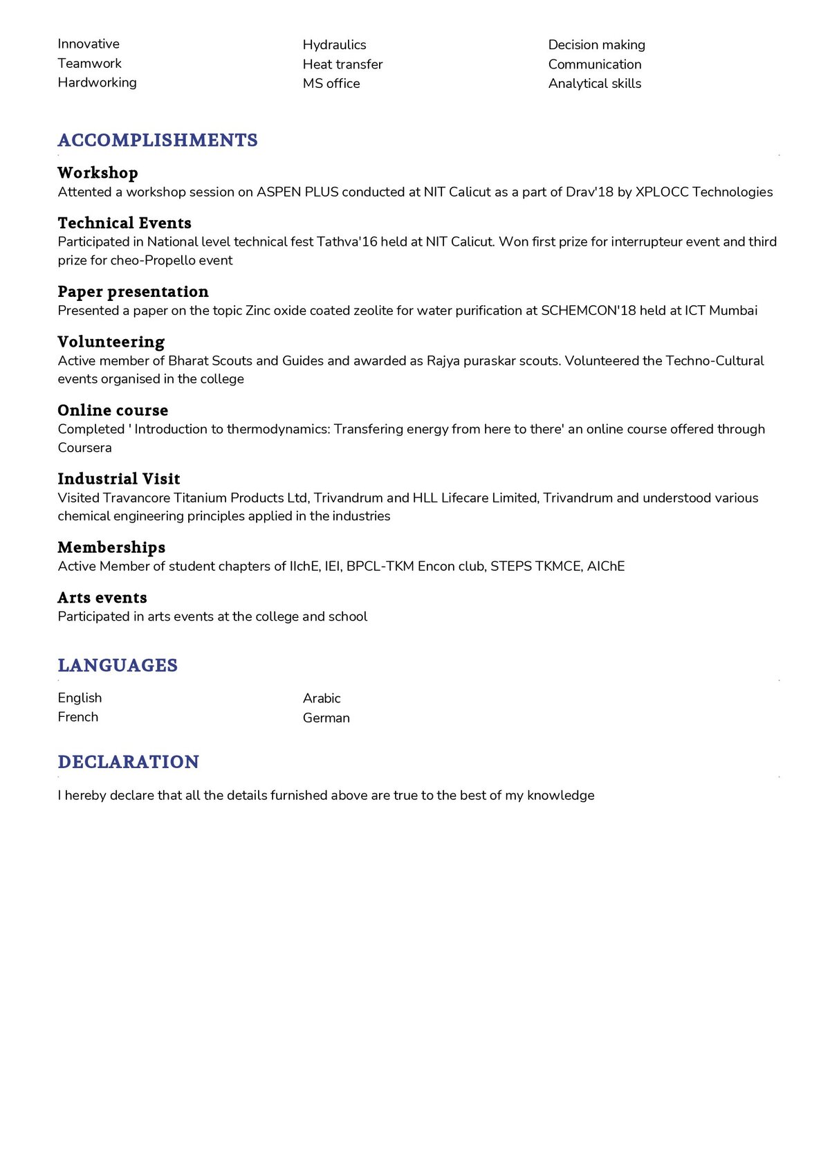 chemical engineering student personal statement