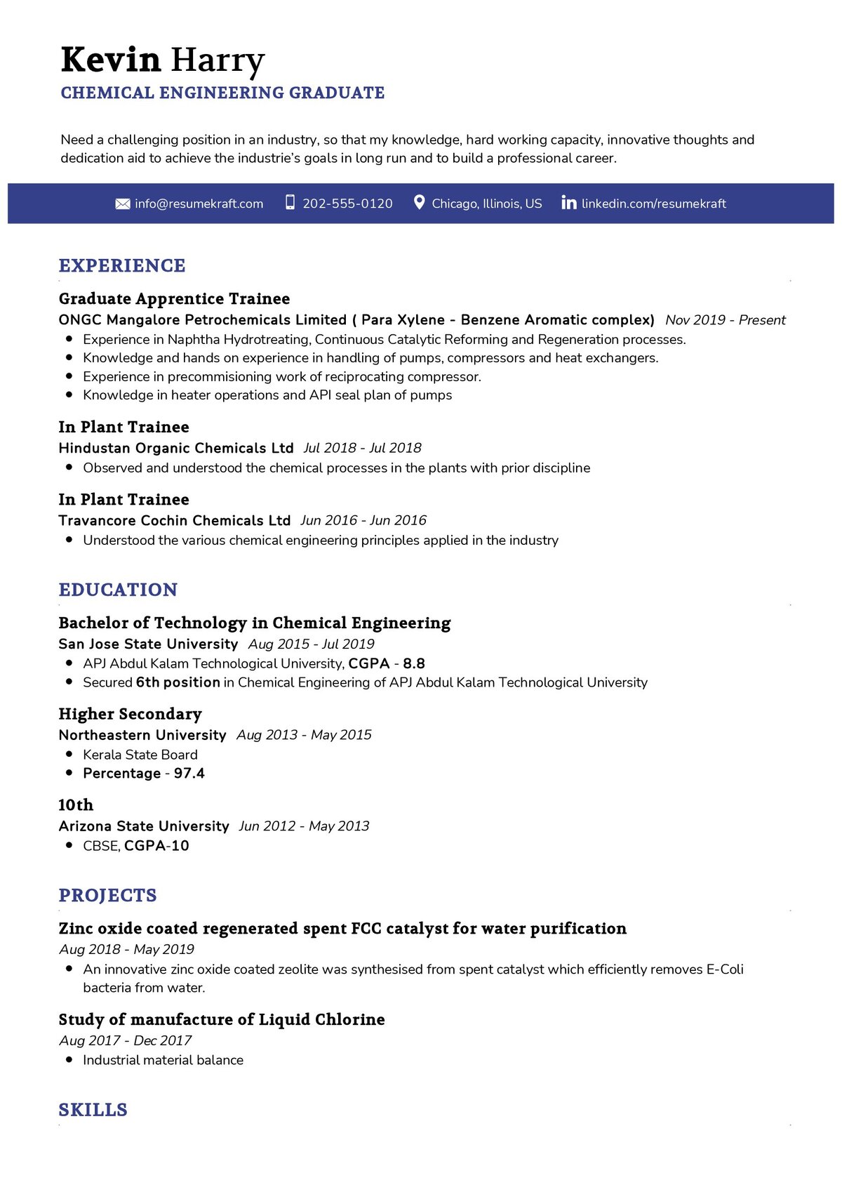 sample resume for fresh graduate chemical engineering