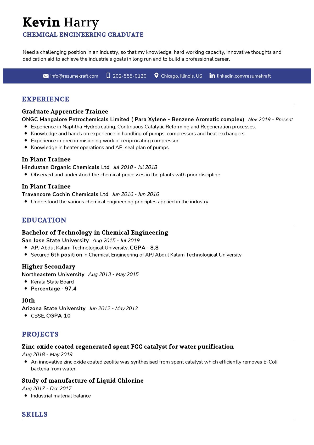 resume format for experienced chemical engineers