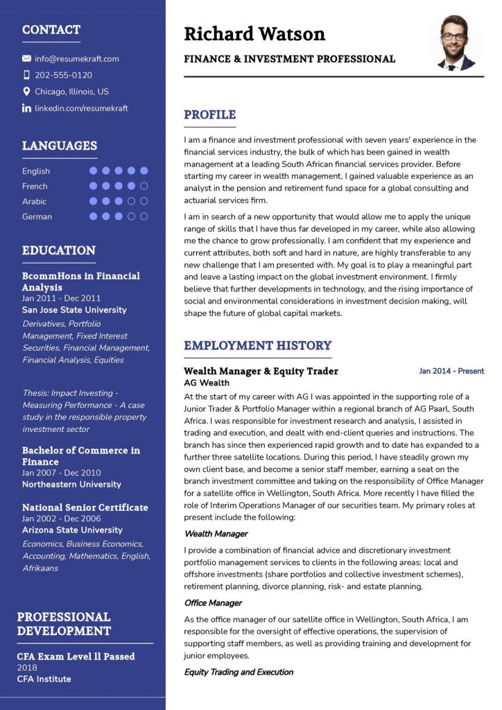 2200 Professional Resume Samples In 2024 ResumeKraft   Finance Investment Resume Template 724x1024 