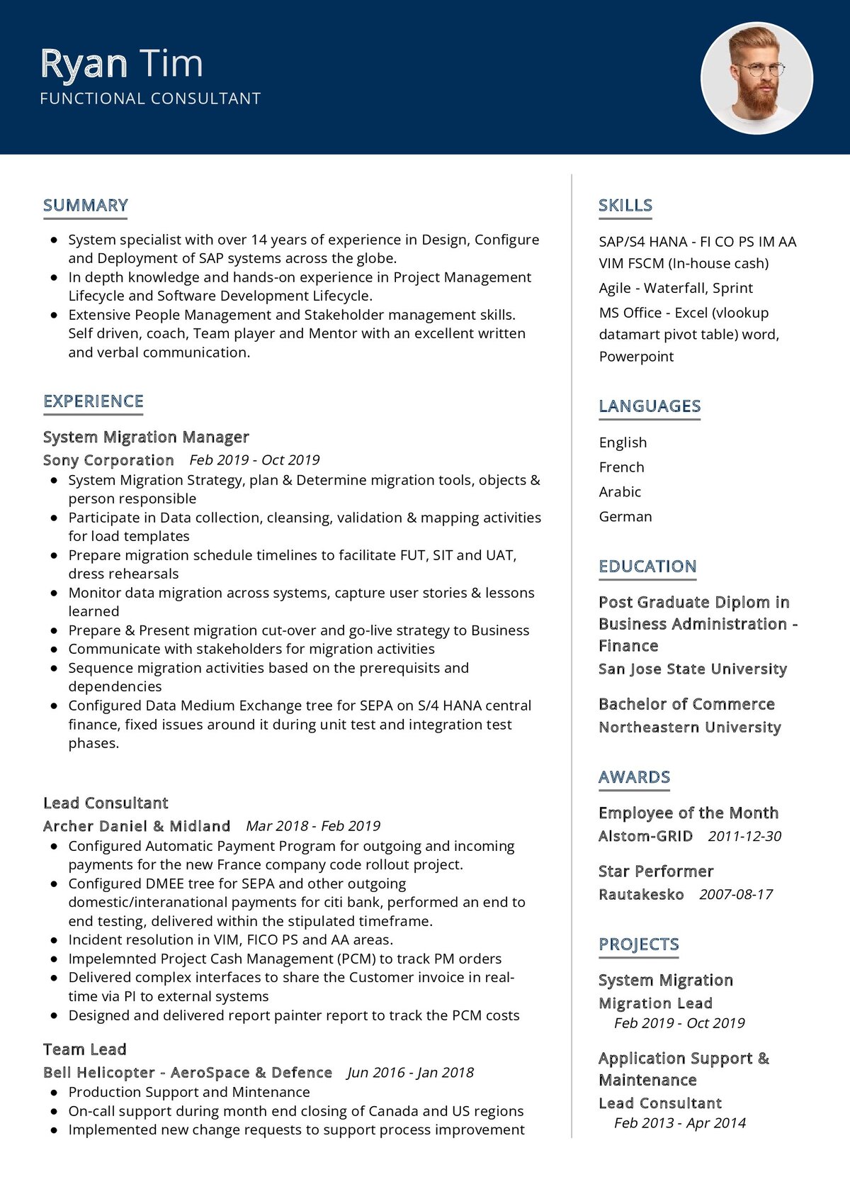 resume format for erp functional consultant