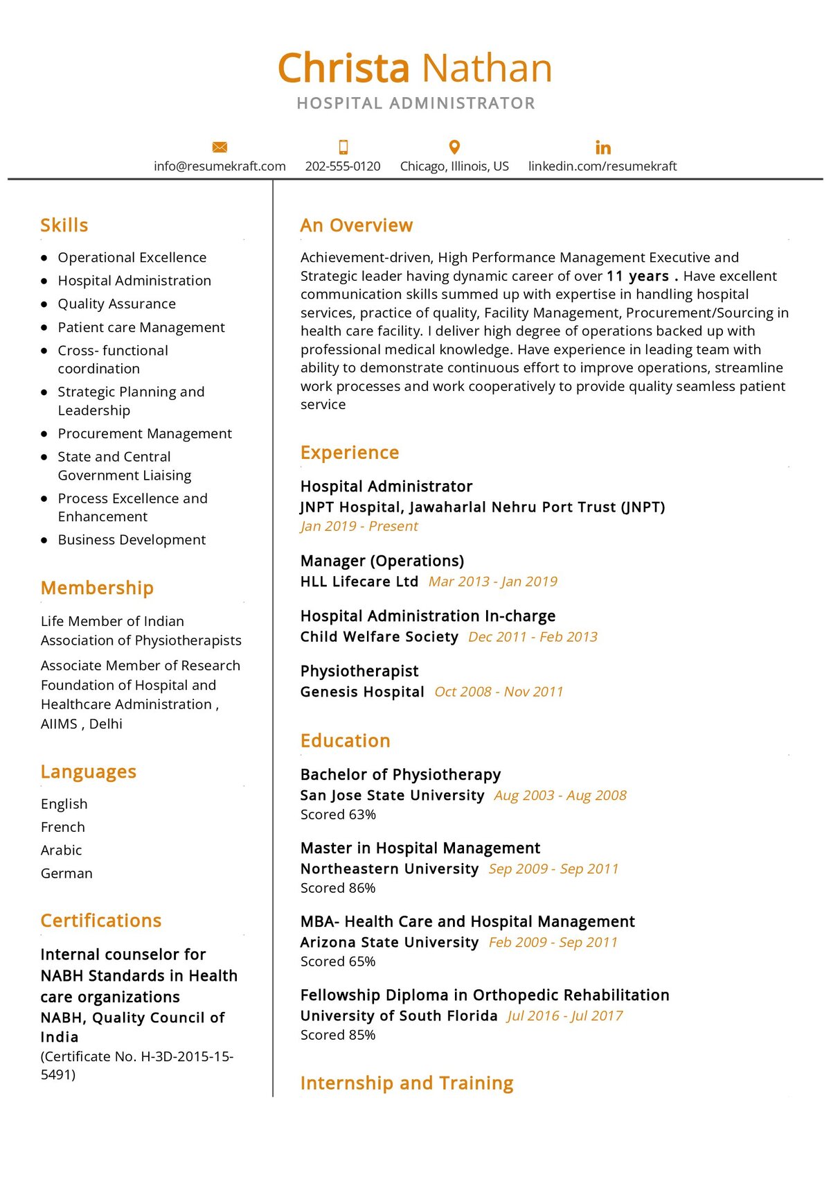 sample resume health services administration