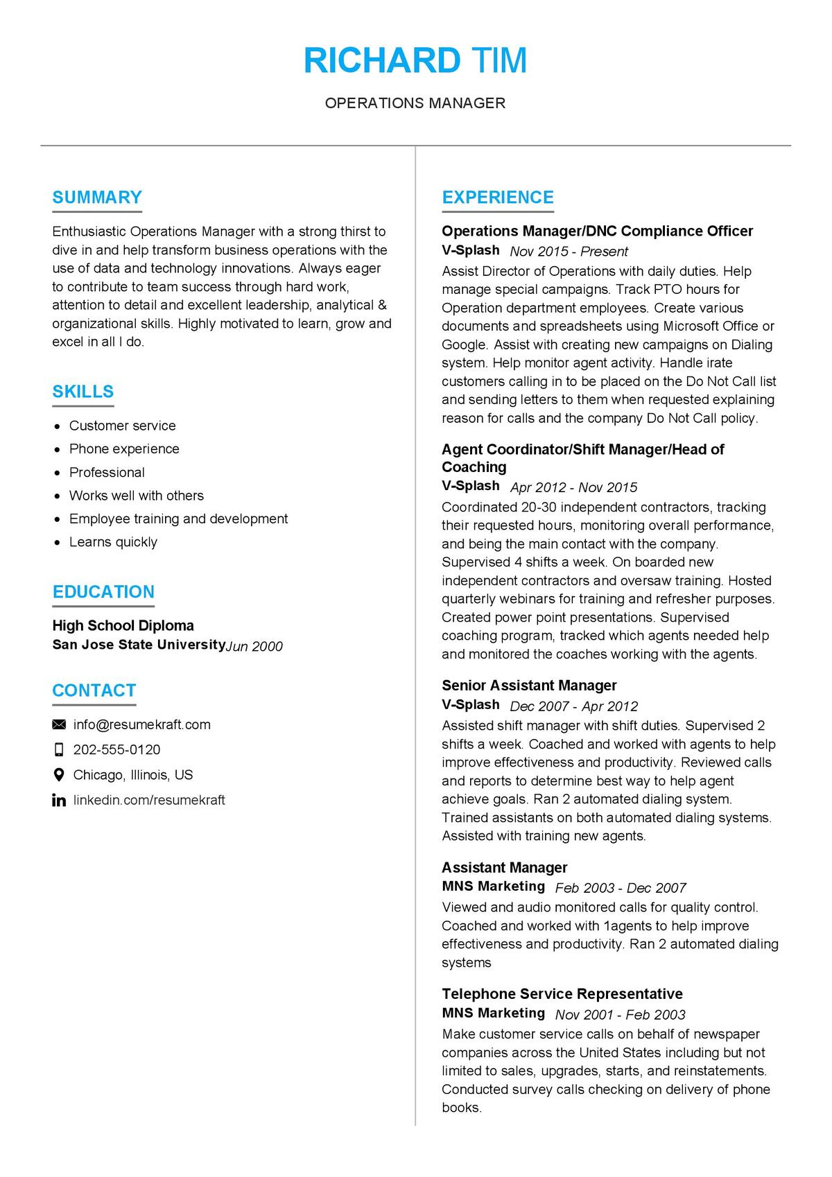 Operations Manager Cv Sample In Resumekraft