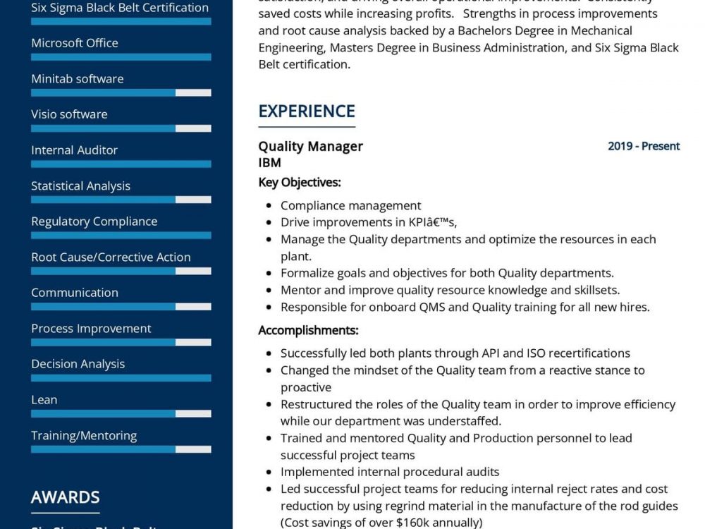 Quality Assurance Manager CV Sample