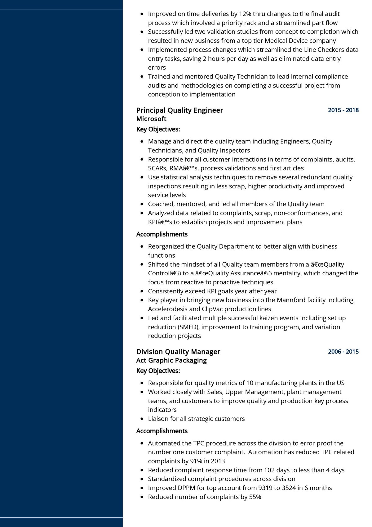 sample resume of quality assurance manager