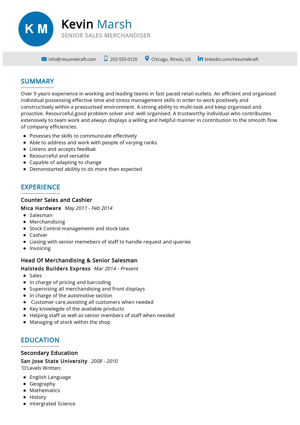 Visual Merchandiser Senior Client Advisor Resume Sample