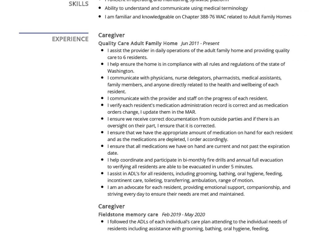Caregiver Resume Example