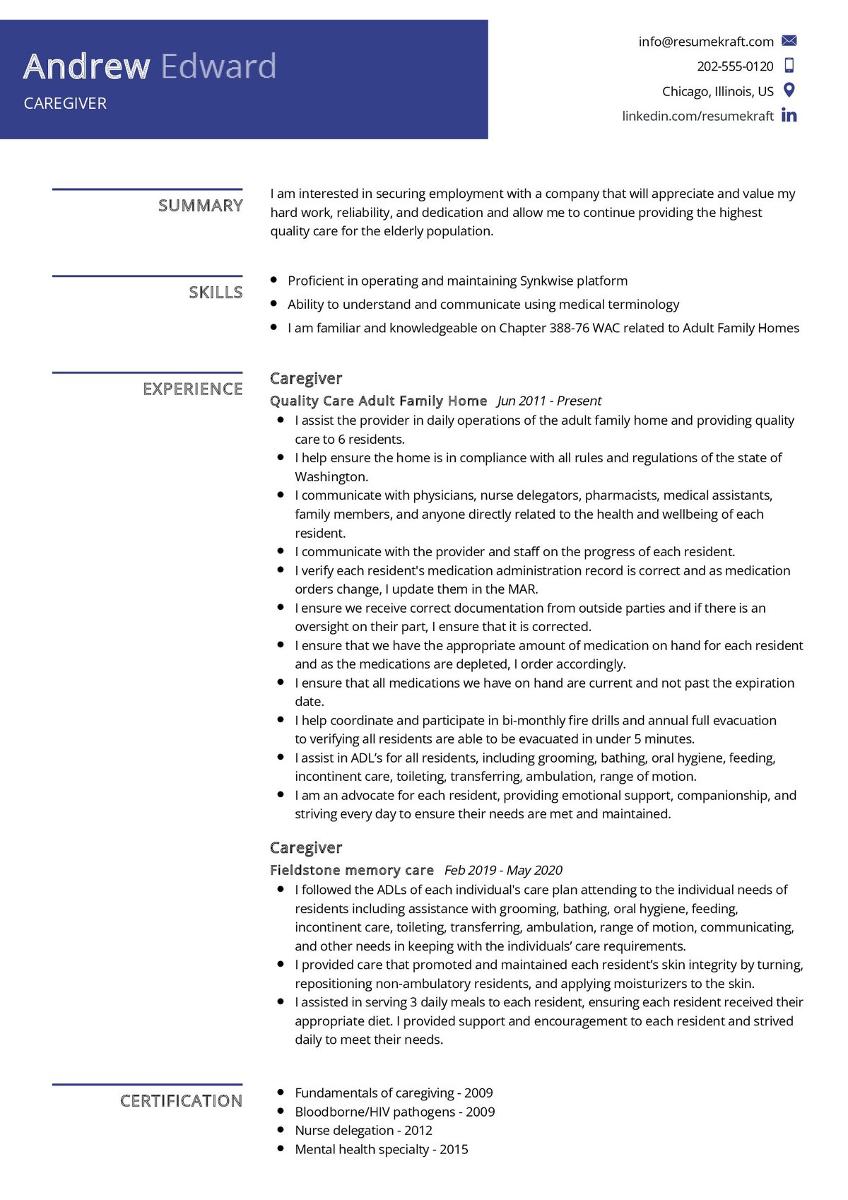 resume for aged care worker