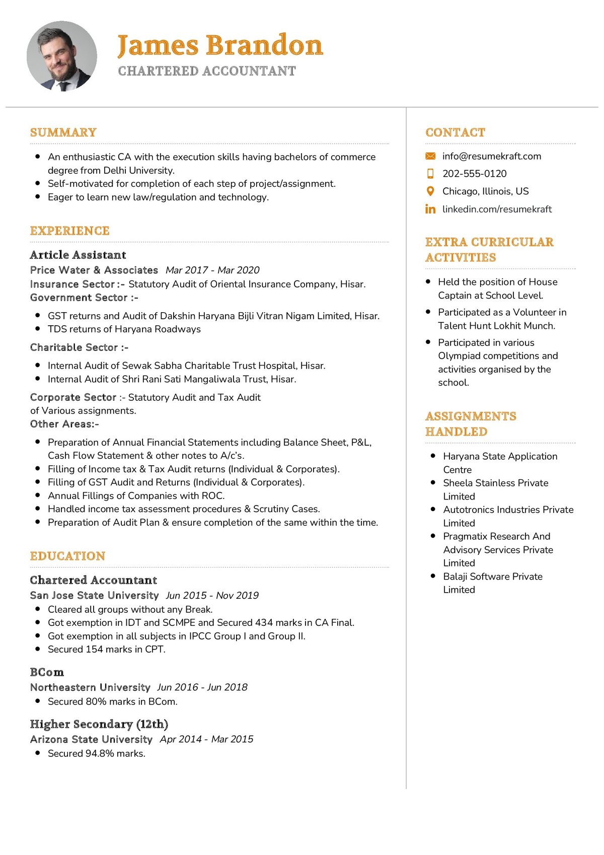 resume format for experienced chartered accountant