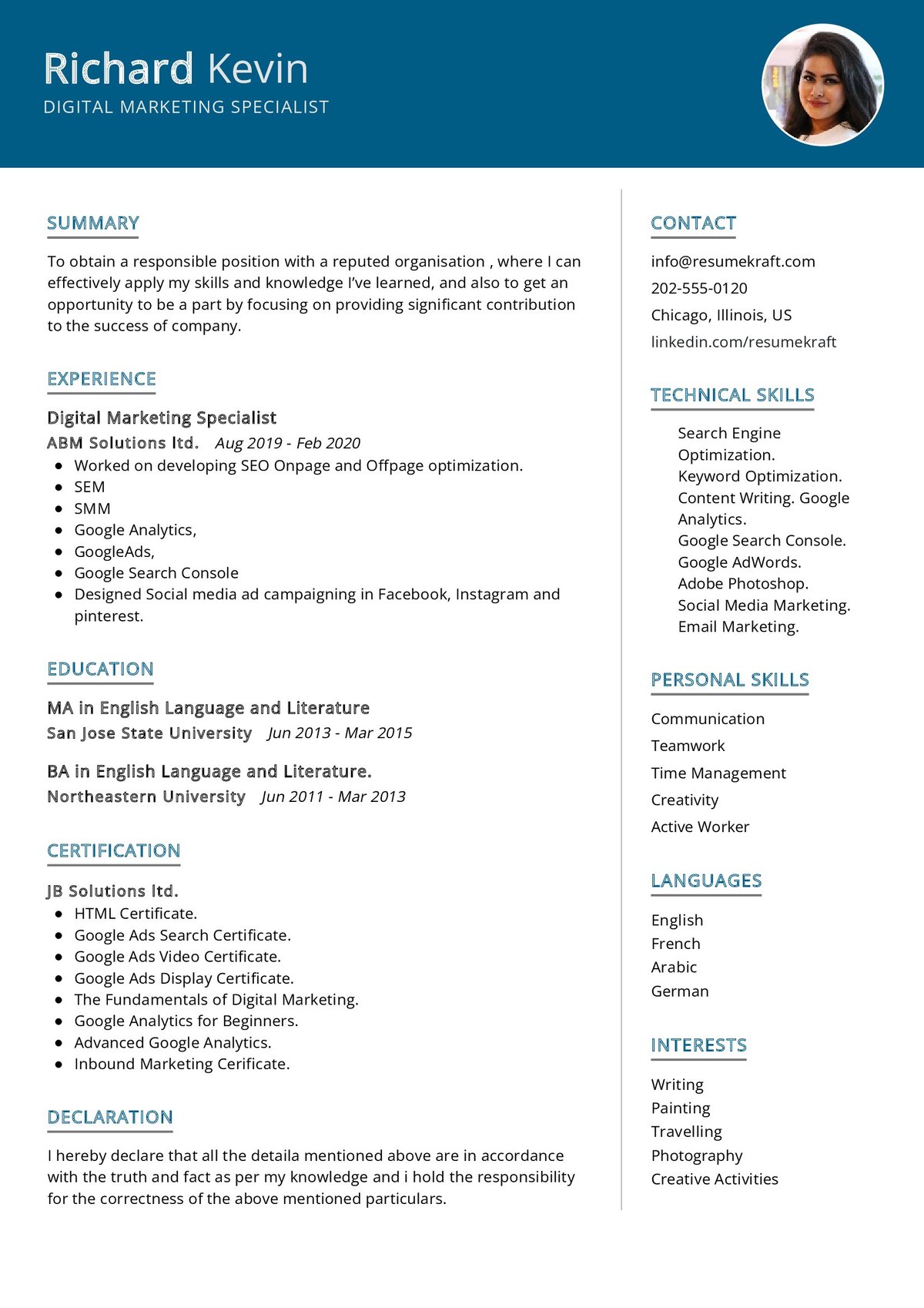 Digital Marketing Specialist Resume Example In 2024 ResumeKraft