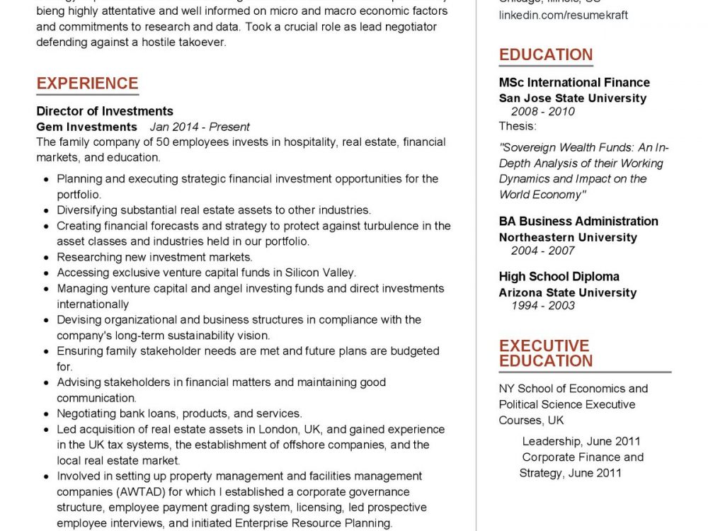 Investment Executive Resume Sample