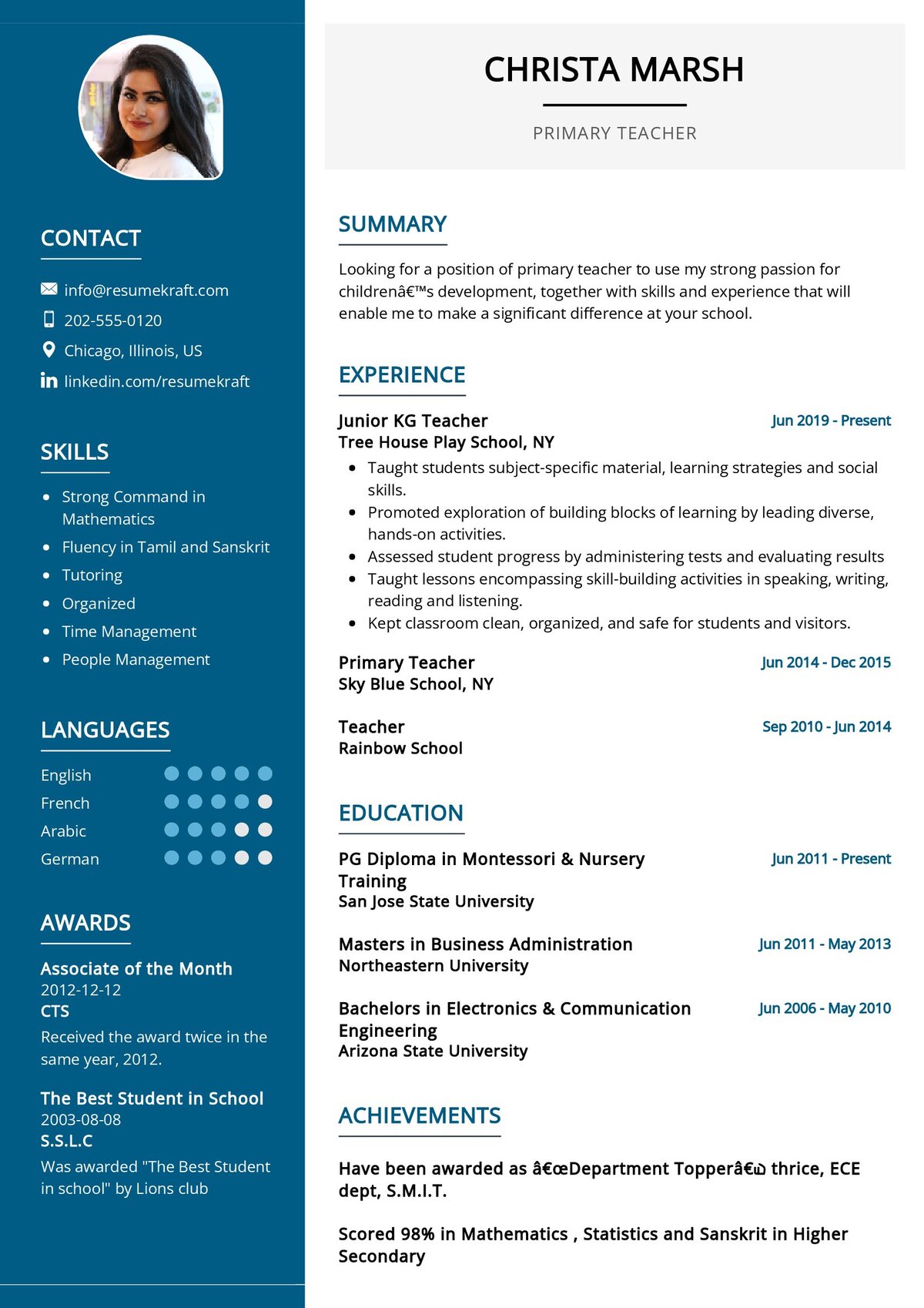 simple resume format for teacher job with experience