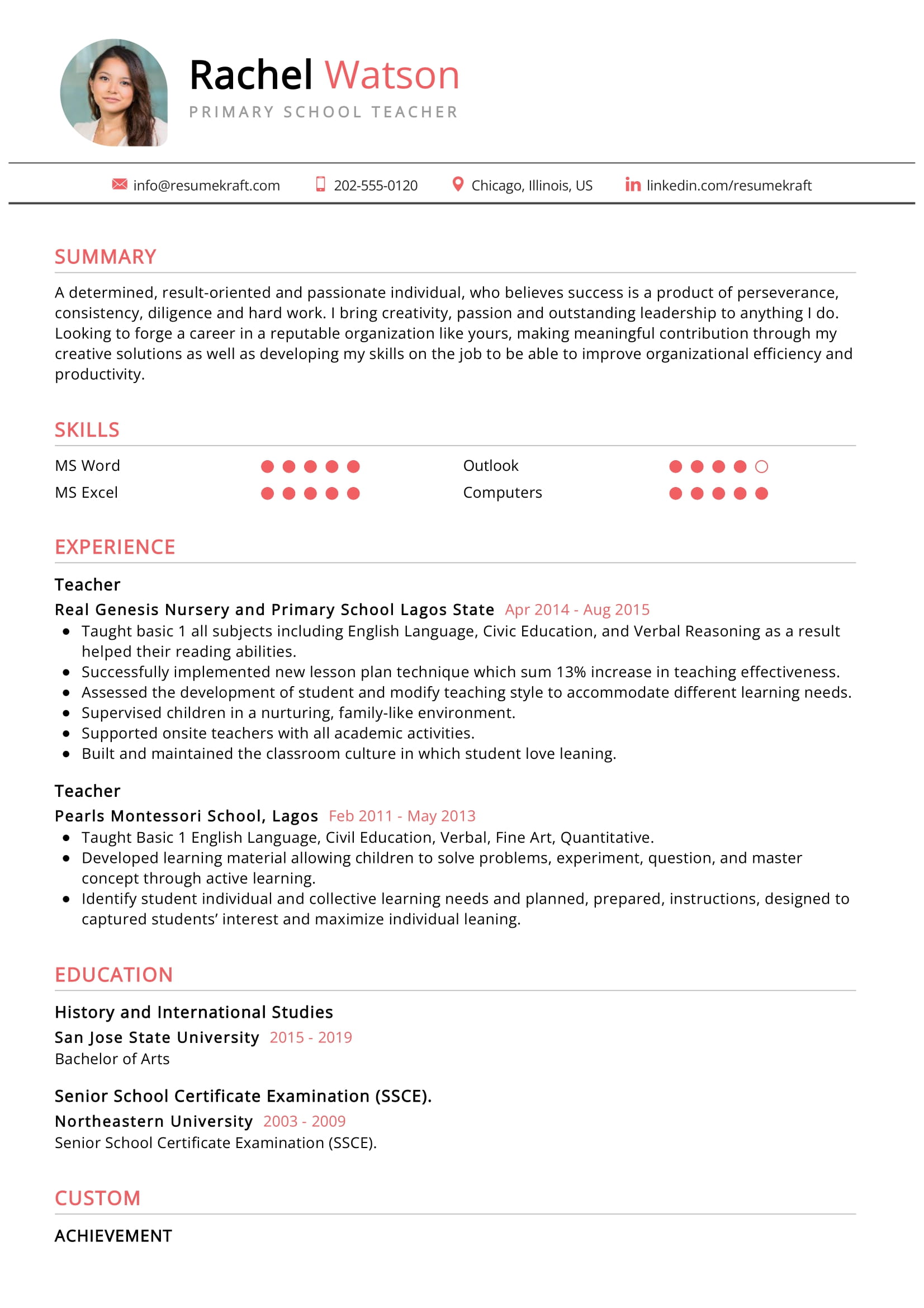 resume for primary school teacher experience