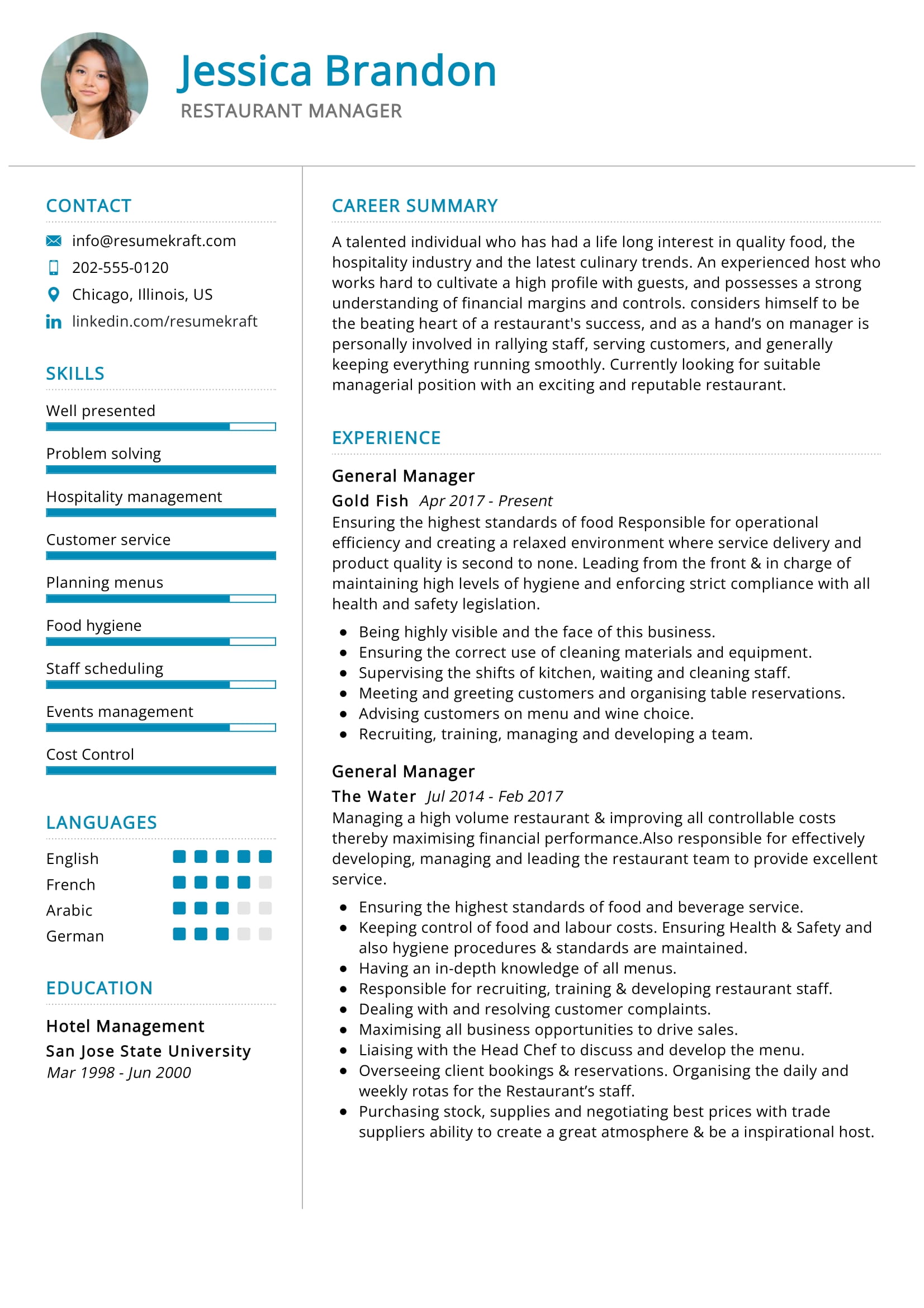 resume for restaurant manager position