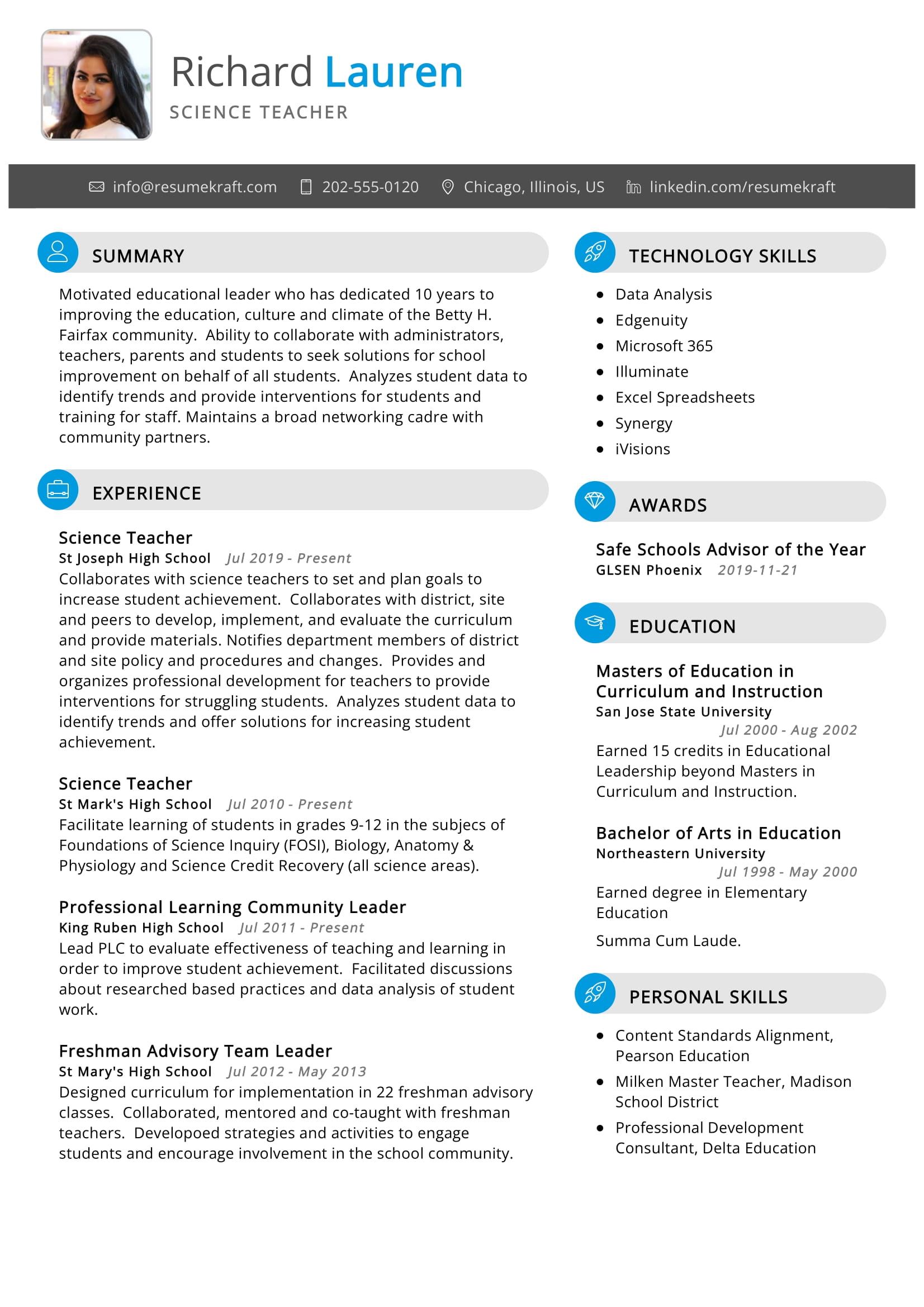 Science Teacher Resume Example in 2024 ResumeKraft