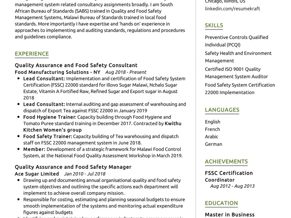 Food Safety Consultant Resume Sample In 2024 ResumeKraft