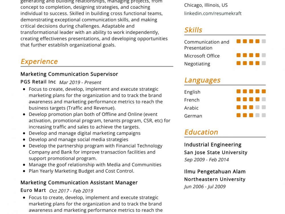 Marketing Communication CV Example