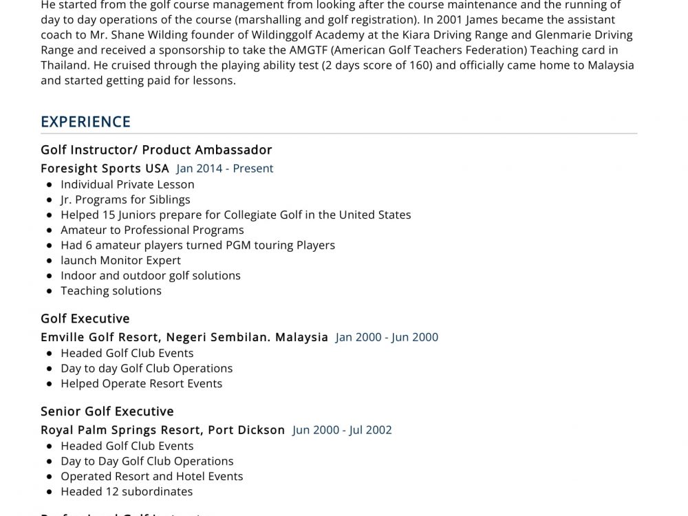 Golf Instructor Resume Sample