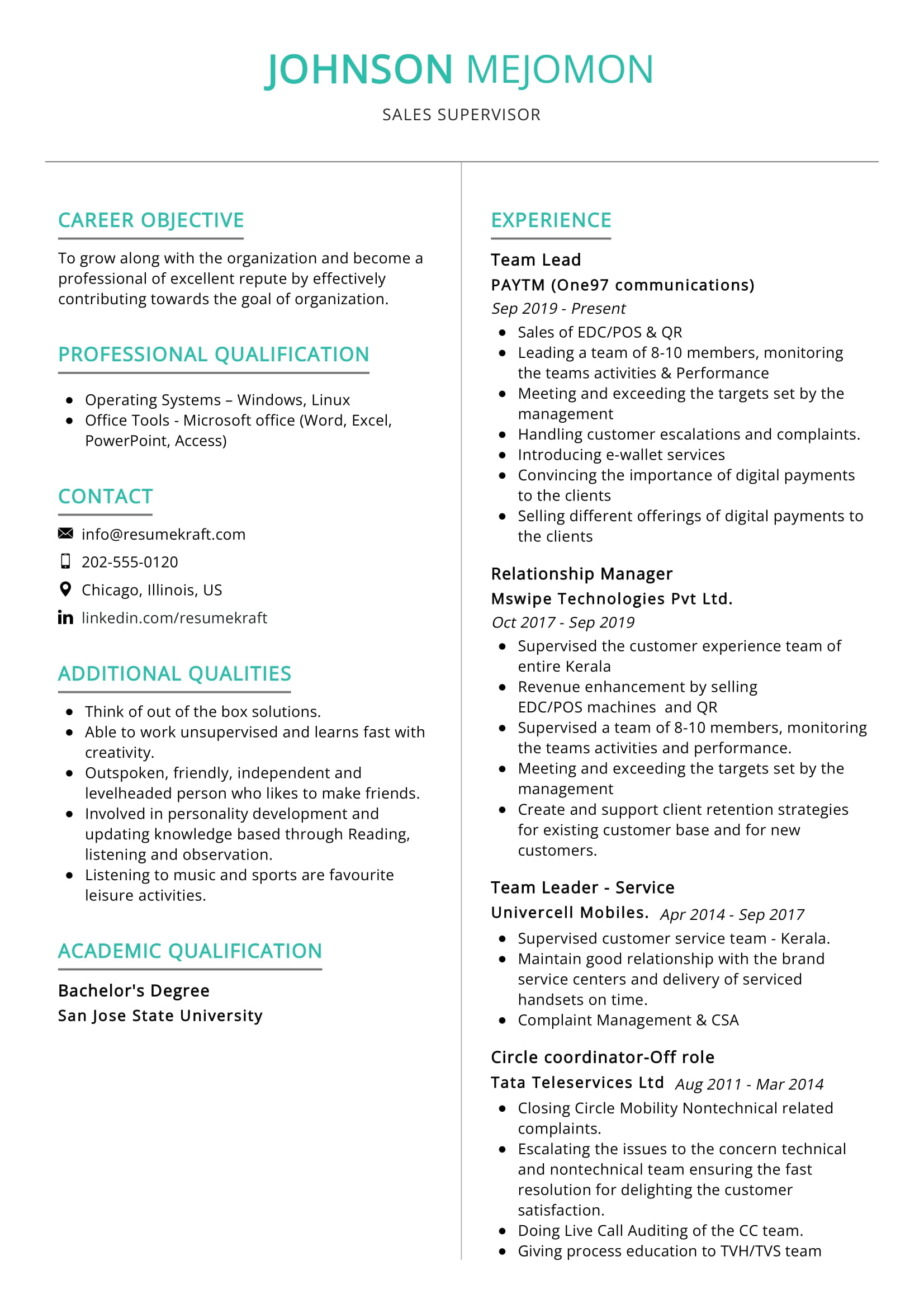 Sales Supervisor Job Description For Resume