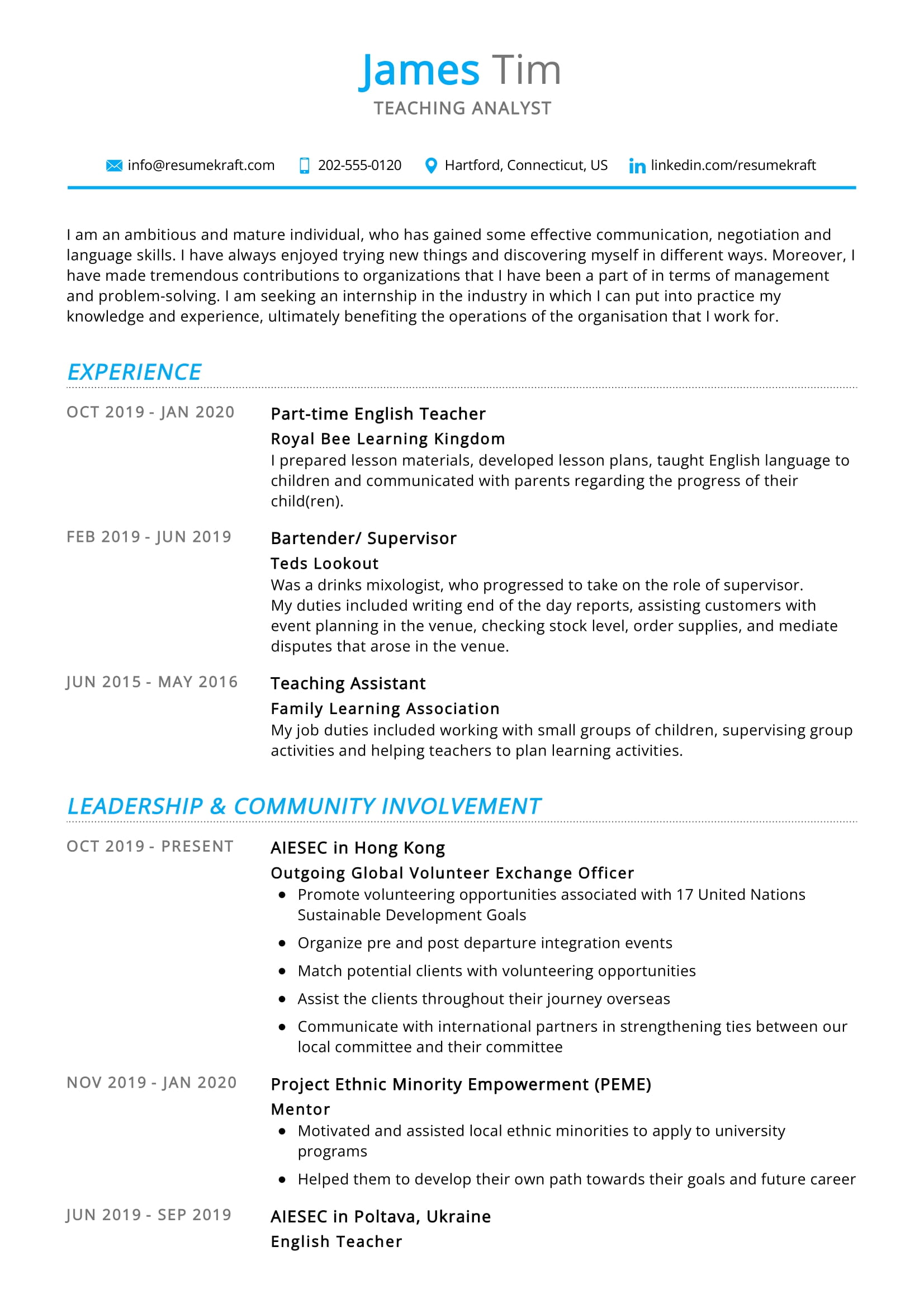 Teaching Analyst Resume Sample