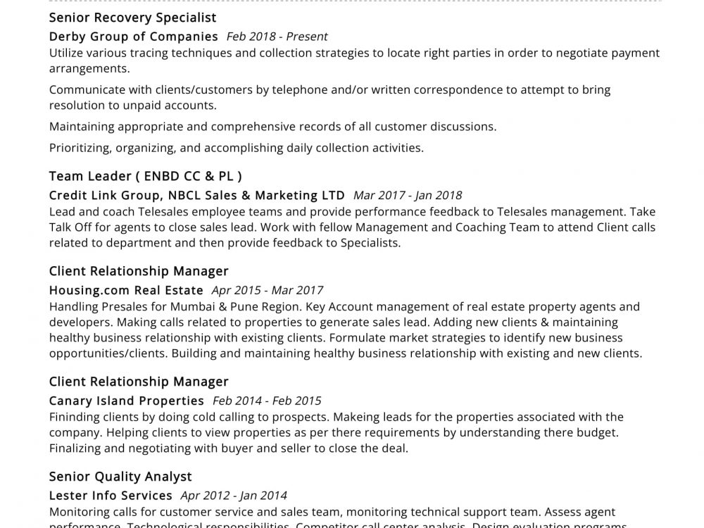 Recovery Specialist Resume Sample