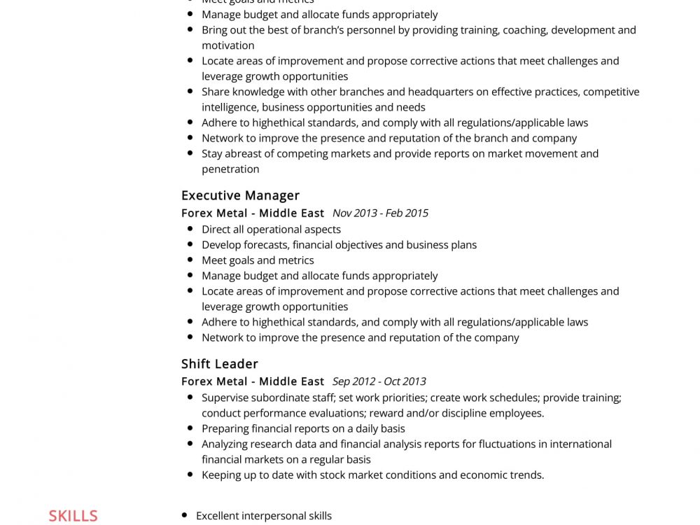 Branch Manager Resume Example