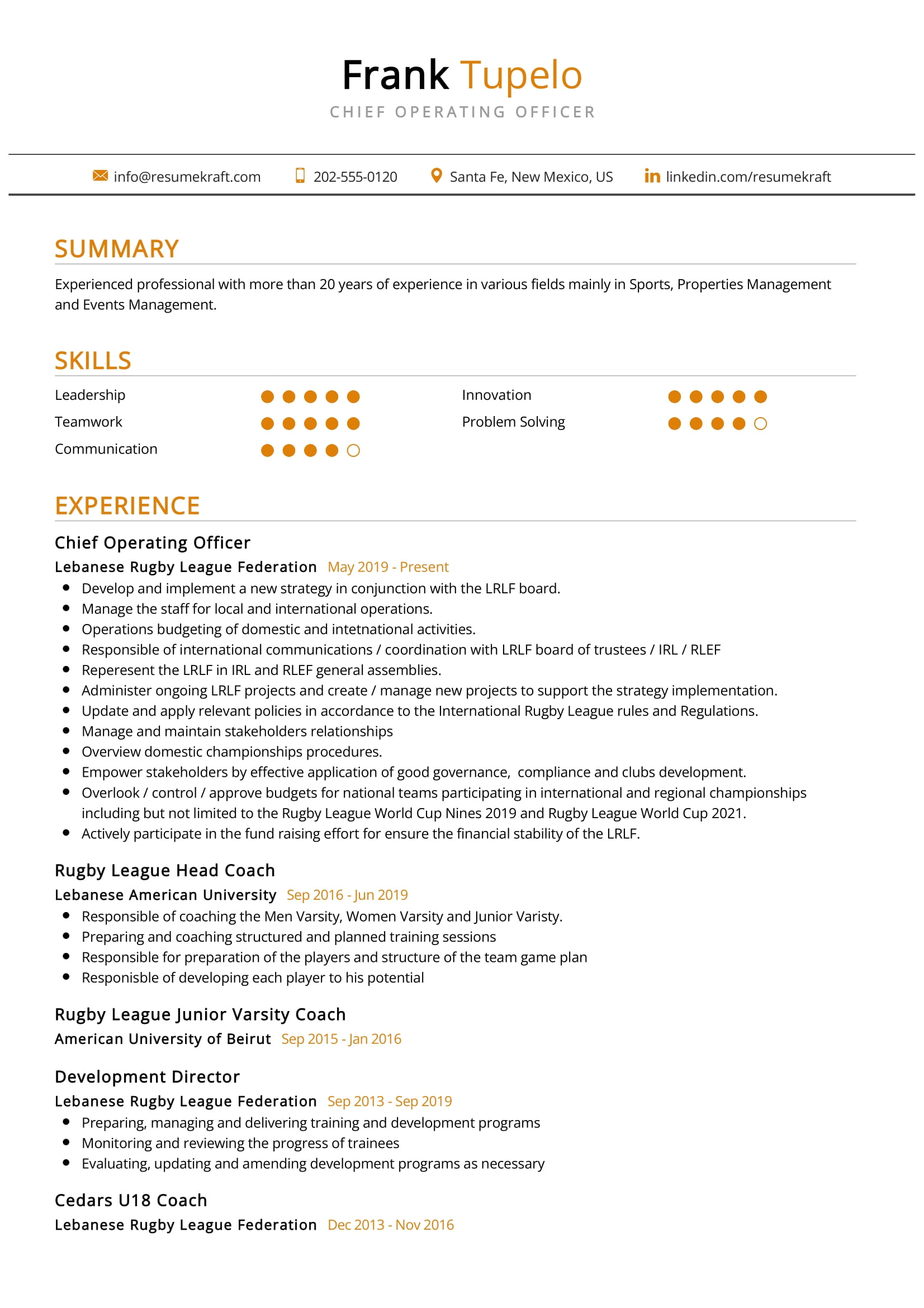 Chief Operating Officer Resume Sample