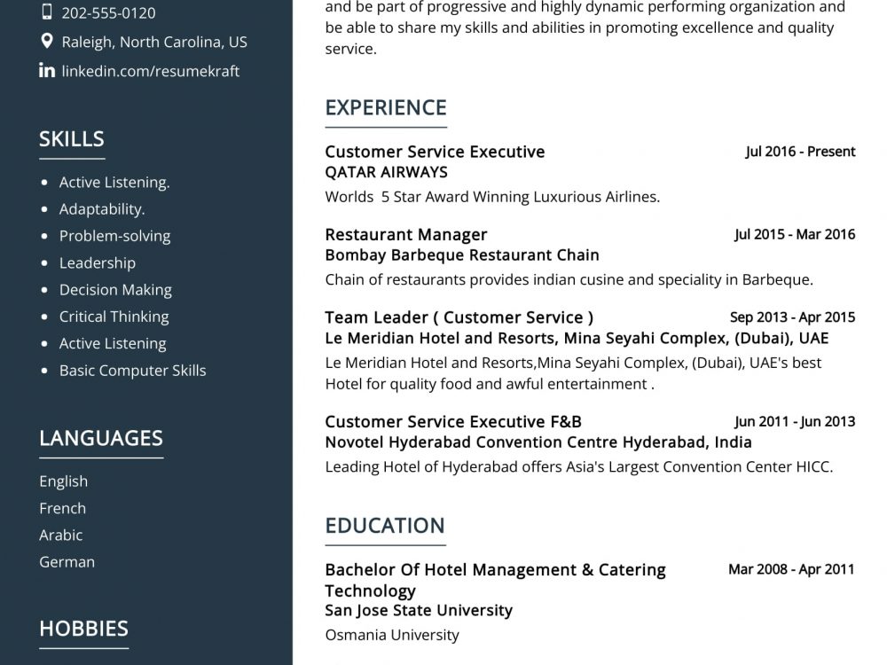 resume for hotel f&b service