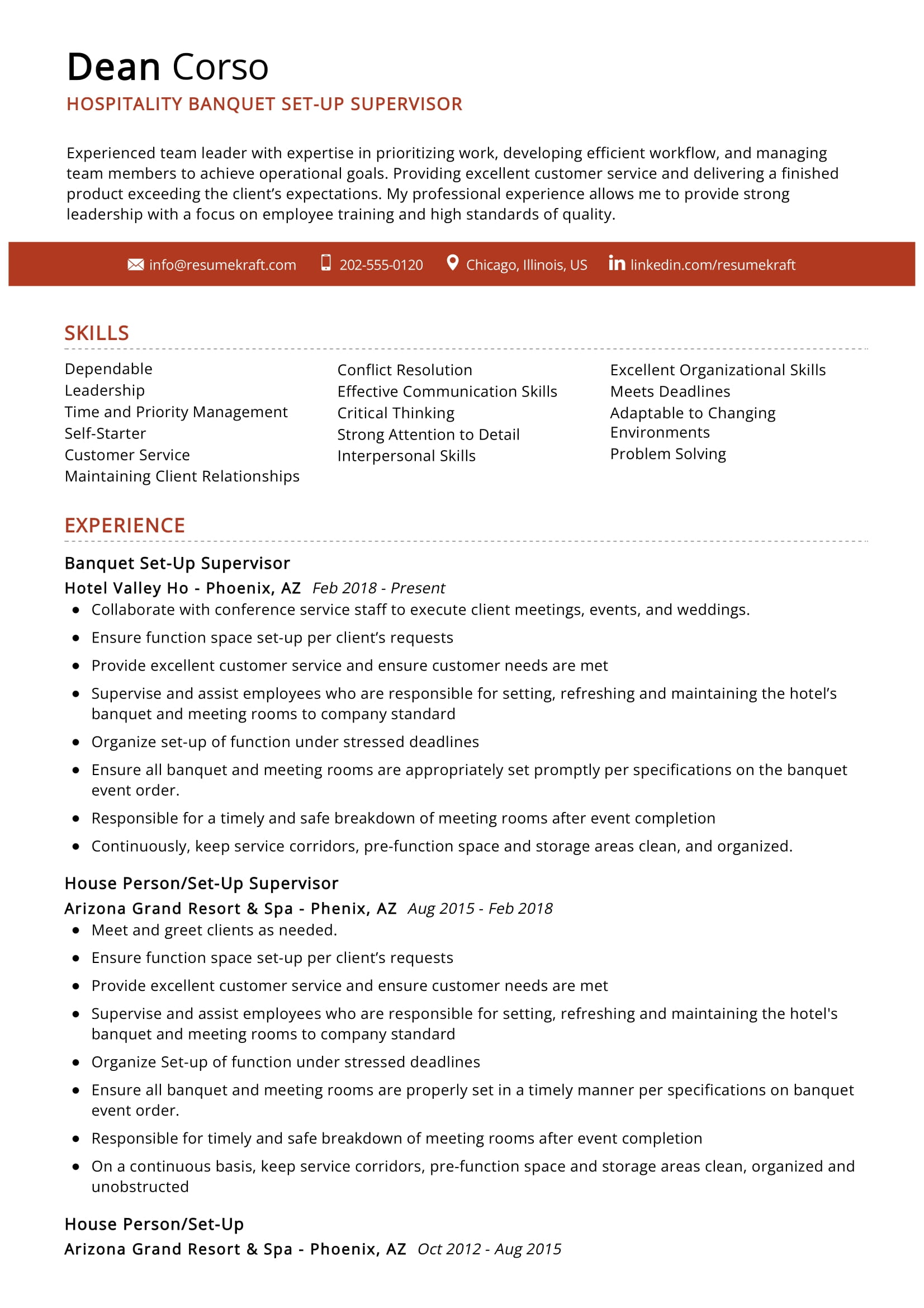 Banquet SetUp Supervisor Resume Example 2023 Writing Tips ResumeKraft