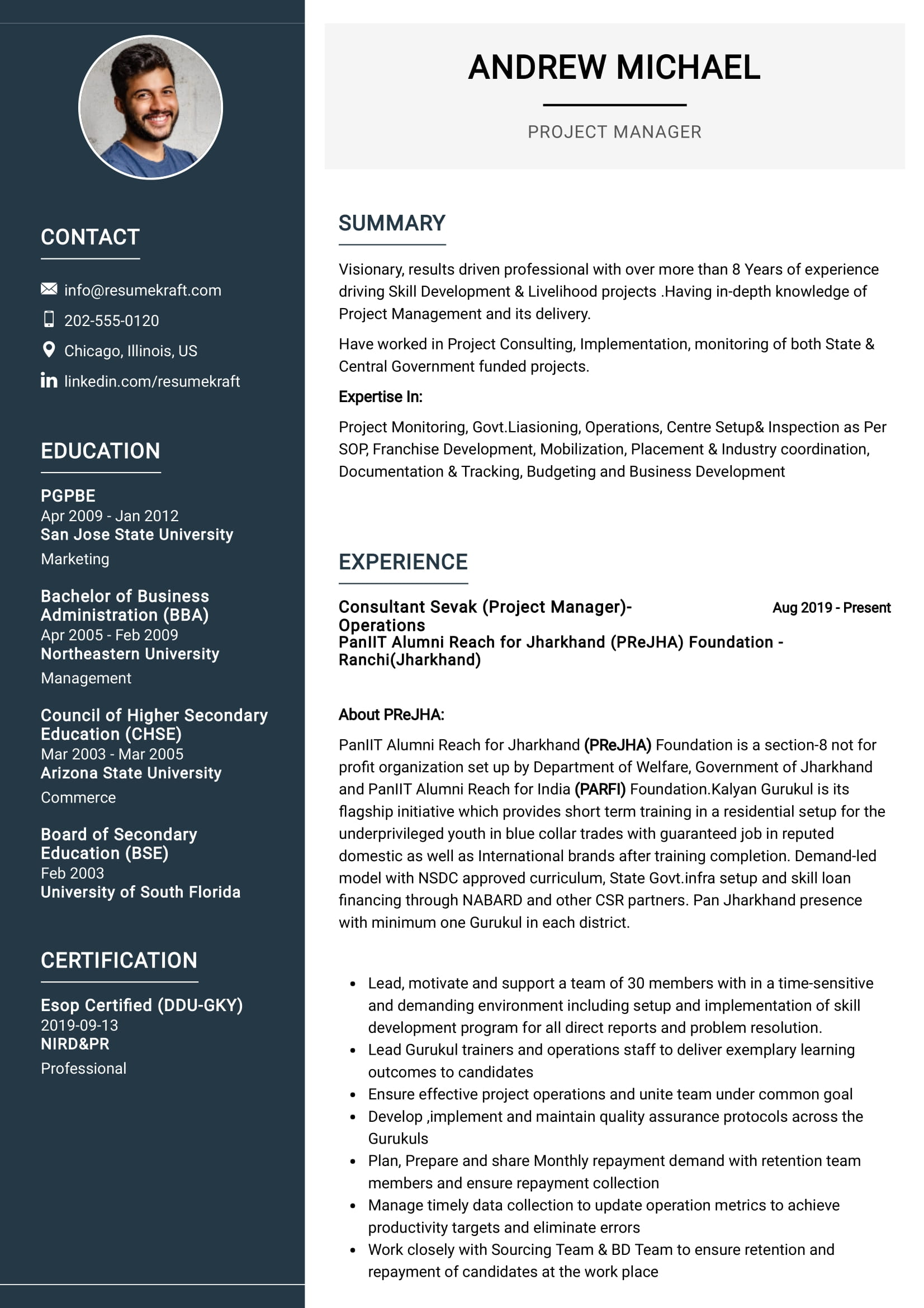 project management description for resume