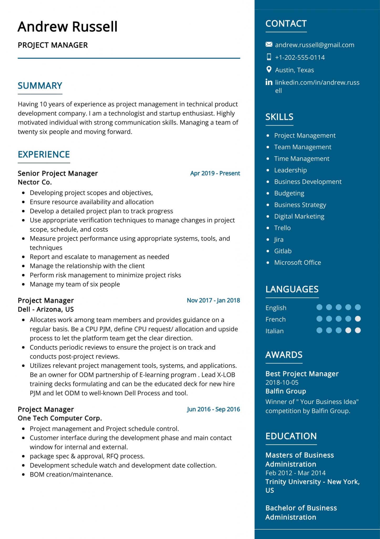 project manager resume 2022