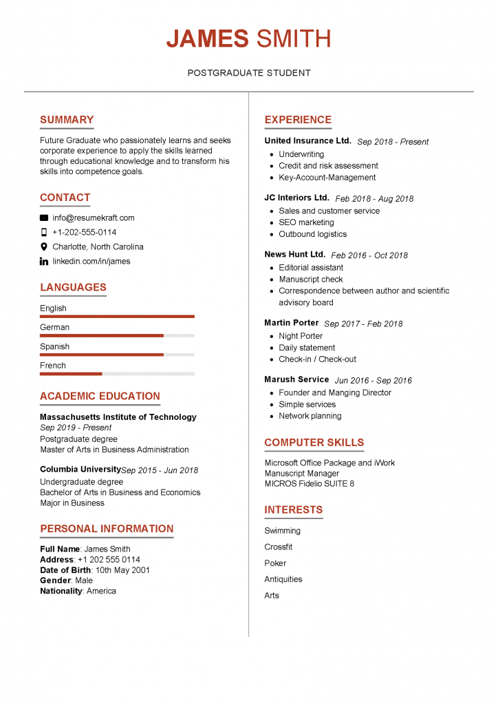 resume examples recent college graduate