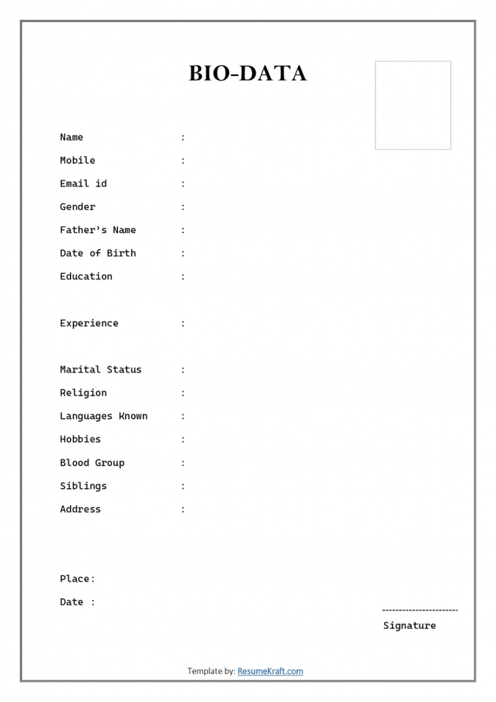 Biodata Fill up Form Free Downloadable in Word and PDF File