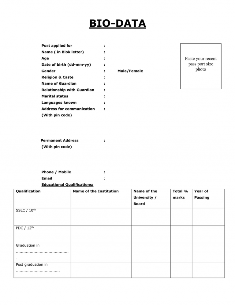 42+ Sample Bio Data Formats for Job PDF & Word Free Download 2025
