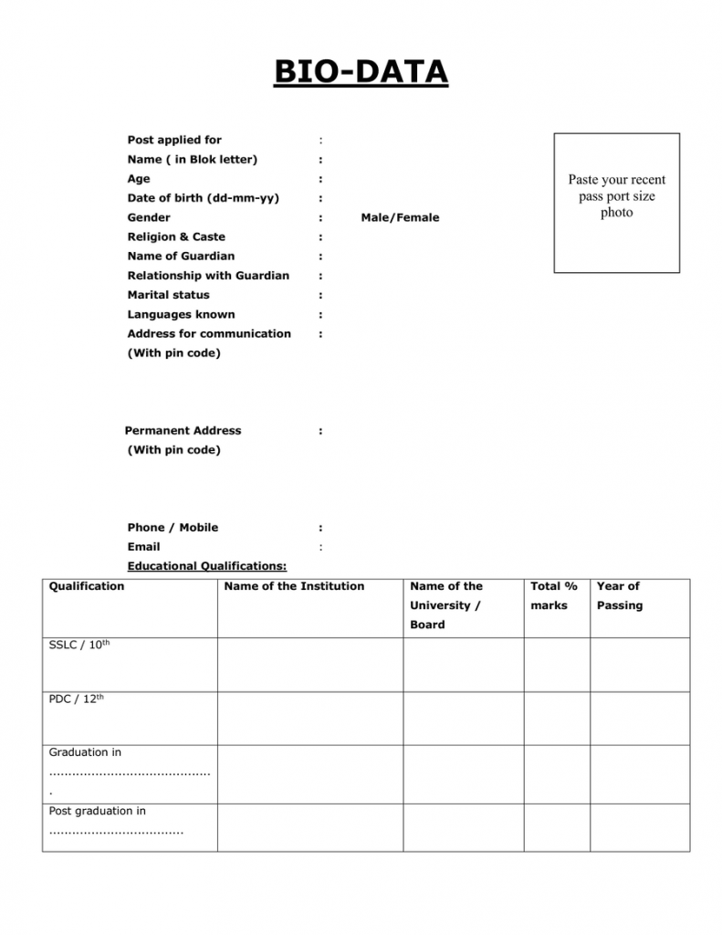 Resume Biodata Form Free Download in Word and PDF File Format