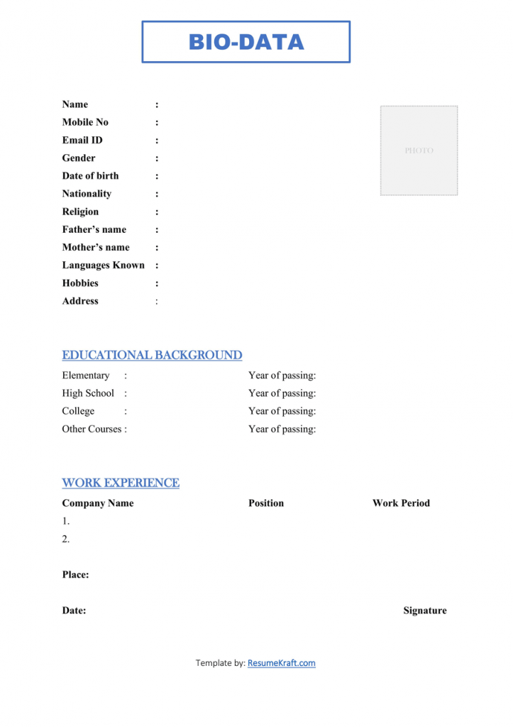 Model Biodata Form Downloadable