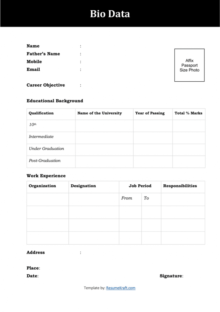 Self Biodata Form Download Free