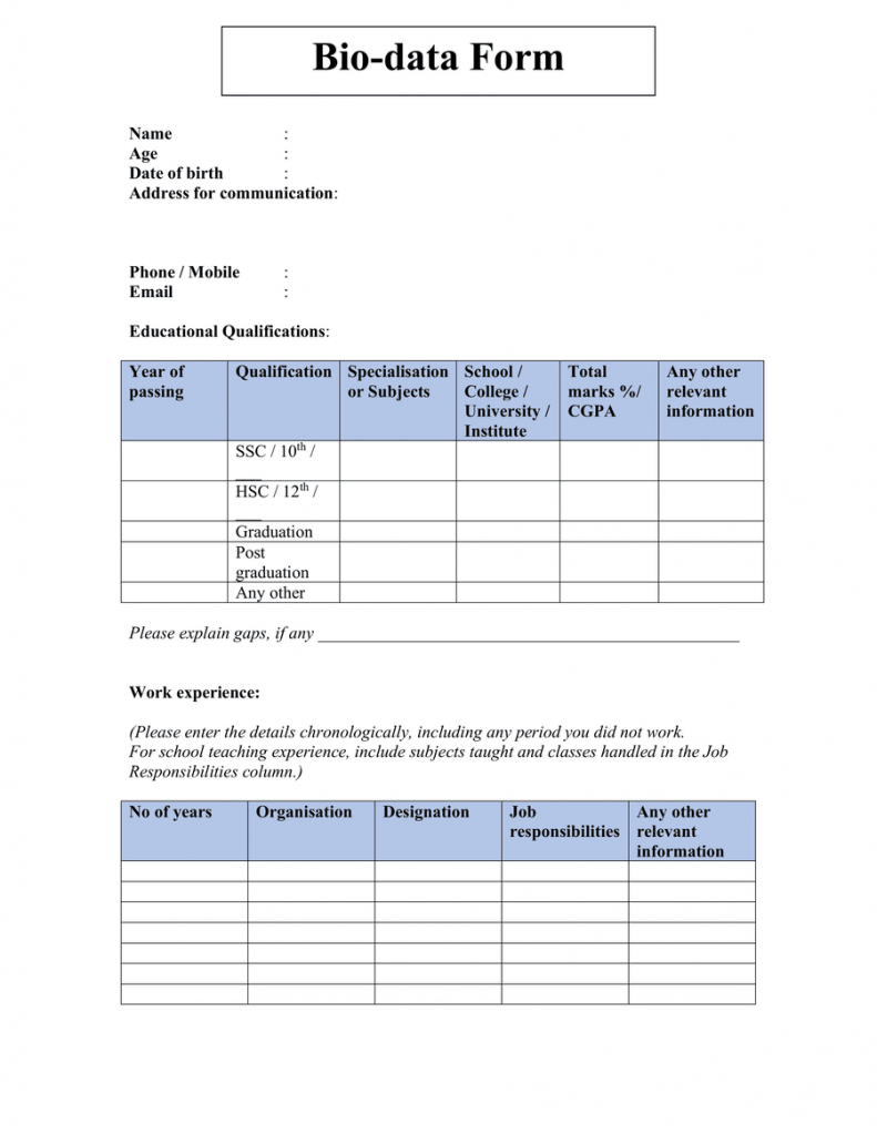 Biodata Printable Format Free Download (Word Document & PDF)